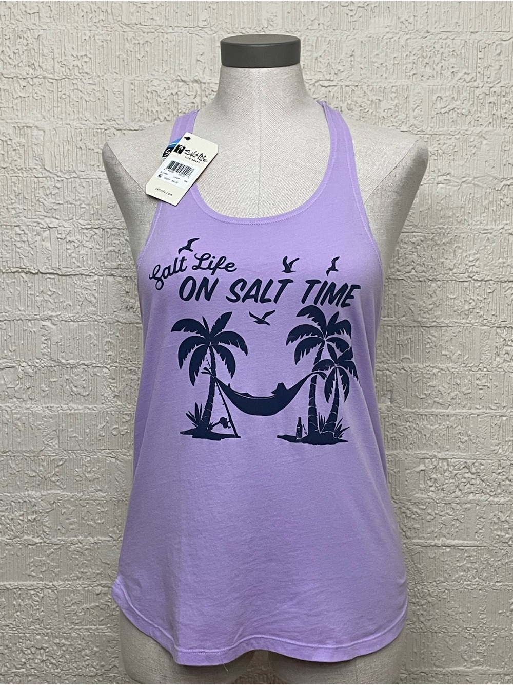 Salt Life Lavender Tank Top with Navy “On Salt Time” Palm Graphic